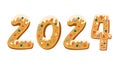 Gingerbread cookie numerals with phrase 2024 in cartoon style. Sweet biscuit