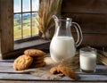 Cookies, a glass and a jug of fresh milk Royalty Free Stock Photo