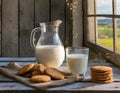 Cookies, a glass and a jug of fresh milk Royalty Free Stock Photo