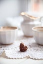 Cookies heart, bright cups and milk jug, valentines day, love, l Royalty Free Stock Photo