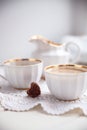 Cookies heart, bright cups and milk jug, valentines day, love, l Royalty Free Stock Photo