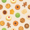 Cookies with jam, gingerbread, chocolate chip cookie, homemade biscuit seamless vector pattern illustration. Royalty Free Stock Photo