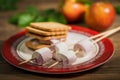Cookies and marshmallows on skewers fried on a fire on white background Royalty Free Stock Photo