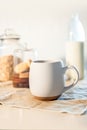 cookies and morning drink, coffee, milk or tea in light natural envoronment, kinfolk style breakfast Royalty Free Stock Photo