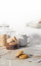 cookies and morning drink, coffee, milk or tea in light natural envoronment, kinfolk style breakfast Royalty Free Stock Photo