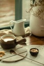 cookies and morning drink, coffee, milk or tea in light natural envoronment, kinfolk style breakfast Royalty Free Stock Photo