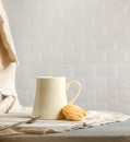 cookies and morning drink, coffee, milk or tea in light natural envoronment, kinfolk style breakfast Royalty Free Stock Photo