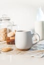 cookies and morning drink, coffee, milk or tea in light natural envoronment, kinfolk style breakfast Royalty Free Stock Photo