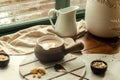 cookies and morning drink, coffee, milk or tea in light natural envoronment, kinfolk style breakfast Royalty Free Stock Photo