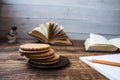 Cookies open book pencil notebook Royalty Free Stock Photo