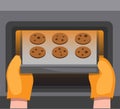 Cookies on oven, hand insert or put out pan with chocolate biscuit, cartoon flat illustration vector Royalty Free Stock Photo