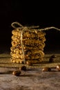 Cookies with peanuts. Cookies close-up.Cookies are arranged in a stack and tied up with a rustic string. Royalty Free Stock Photo