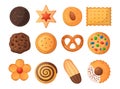Cookies set. Top view of sweet biscuit and cake. Gingerbread and cracker. Chocolate shortbread. Butter bakery and pastry. Baked
