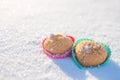 Cookies in the shape of hearts in the snow.