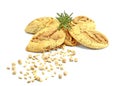 Cookies of soybeans and grains of wheal with twig of rosemary on white background