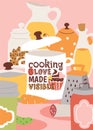Cooking appliances and kitchen utensil vector illustration. Cooking is love made visible poster. Jar with juice, cookie
