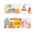 Cooking appliances and restaurant utensil and food set of banners vector illustration. Good food. Let s cook. Apron