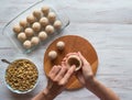 Cooking of Arabic meat appetizer Kibbeh.