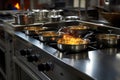 Cooking array Stainless steel pots on display atop the restaurant stove Royalty Free Stock Photo