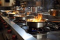 Cooking array Stainless steel pots on display atop the restaurant stove Royalty Free Stock Photo