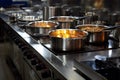 Cooking array Stainless steel pots on display atop the restaurant stove Royalty Free Stock Photo