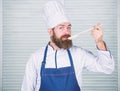Cooking as professional occupation. Hipster bearded chef hold wooden spoon. Kitchenware and cooking concept. Lets try Royalty Free Stock Photo
