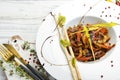 Cooking Asian wok with stir fry veal and vegetables Chinese food Royalty Free Stock Photo