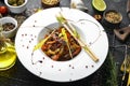 Cooking Asian wok with stir fry veal and vegetables Chinese food Top view. Royalty Free Stock Photo