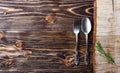 Cooking background concept. Vintage cutting board and cutlery. Top view. Royalty Free Stock Photo