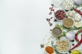 Cooking background, herbs, salt, spices, olive oil, white background copy space. View from above. Healthy food concept with fresh Royalty Free Stock Photo