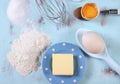 Cooking and baking concept with eggs, flour, sugar and butter