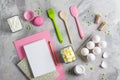 Cooking baking flat lay background with eggs butter kitchen tool