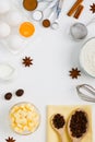 Cooking baking flat lay background with eggs butter kitchen tool Royalty Free Stock Photo