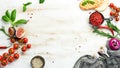 Cooking banner. Background with spices and vegetables. Top view. Free space for your text