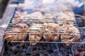 Cooking a barbecue on the fire. Traditional Caucasian kebab on a skewer, cooking meat on skewers.