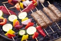 Close up of barbecue kebab meat roasting on grill Royalty Free Stock Photo