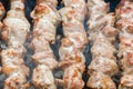 Cooking barbecue, grilled meat barbecue. Cooking pork shashlik on metal skewers. Smoke from embers builds up over the Royalty Free Stock Photo