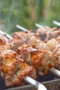 Cooking barbecue, grilled meat barbecue. Cooking pork shashlik on metal skewers. Smoke from embers builds up over the