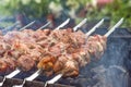 Cooking barbecue, grilled meat barbecue. Cooking pork shashlik on metal skewers. Smoke from embers builds up over the