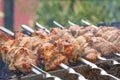 Cooking barbecue, grilled meat barbecue. Cooking pork shashlik on metal skewers. Smoke from embers builds up over the dish.