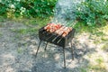 Cooking barbecue with vegetables on skewers. Roasted meat on the grill