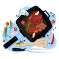 Cooking beef filet, vector top view illustration. Black grill pan with fried ribeye steak, pork, spices and ingredients