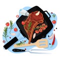 Cooking beef steak, vector top view illustration. Grill pan with fried pork fillet on bone, spices and ingredients