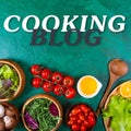 Cooking blog concept. Organic vegetables for dietary catering on green