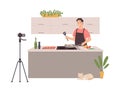 Cooking blogger. Cartoon person prepare food and streaming, trendy culinary vlogger making content and teaching