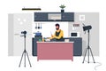 Cooking blogger. Cartoon person prepare food and streaming, trendy culinary vlogger making content and teaching. Vector