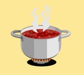 Cooking. Boiling soup on gas stove. Saucepan with boiling soup and opened lid on gas stove, fire and steam. Vector