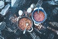 Cooking on bonfire: Tasty stew on a camping trip