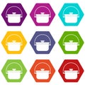 Cooking cauldron icon set color hexahedron