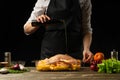 Cooking chef duck, chicken, turkey with fruit for the holiday, horizontal photo, black background